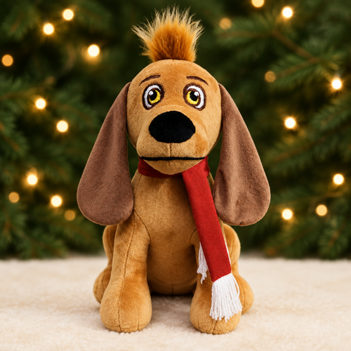 35cm Max Plush with a green and gold Christmas background