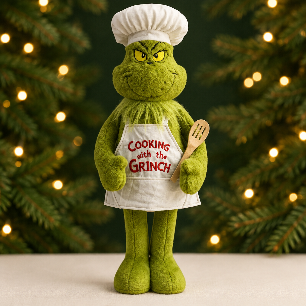 Cooking with the Grinch plush with a green and gold Christmas background