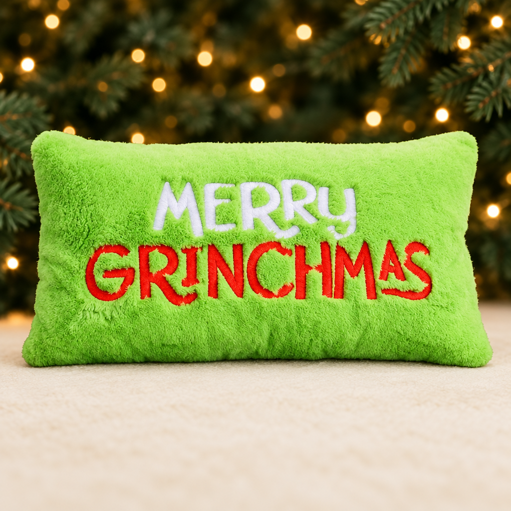 Long Merry Grinchmas Cushion with evergreen branches and golden Christmas lights