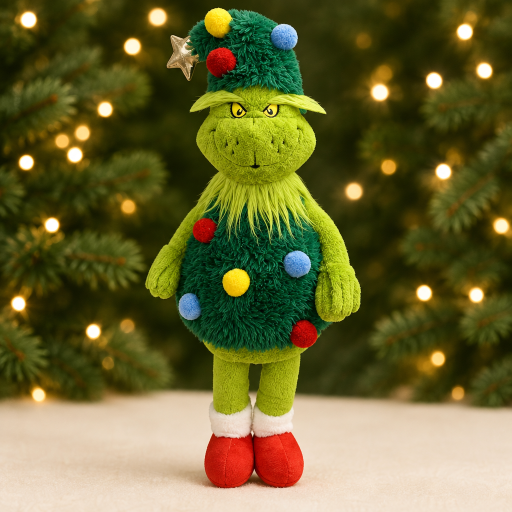 Christmas Tree Grinch with a green and gold Christmas background